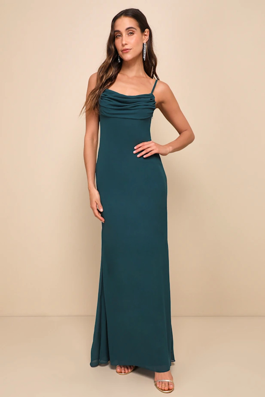 NEW Lulus Captivated Emerald Green Cowl Neck Maxi Cami Bridesmaid Dress Size 4